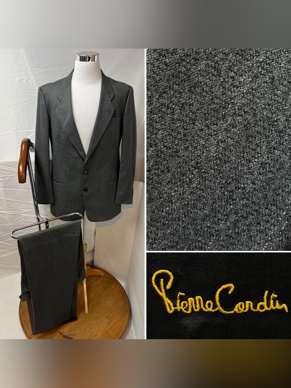 Pierre Cardin Vintage Men's 42L Blazer 38x34 Pleated Pant Gray Wool 80s 90s Suit